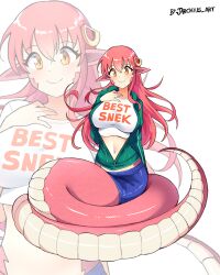 Rule 34 | 1girl, absurdres, blue skirt, breasts, commentary request, crop top, green jacket, hand on own hip, highres, jacket, jarckius, lamia, large breasts, long hair, long sleeves, looking at viewer, midriff, miia (monster musume), miniskirt, monster girl, monster musume no iru nichijou, navel, pencil skirt, pink hair, pointy ears, shirt, simple background, skirt, smile, stomach, very long hair, white background, white shirt, yellow eyes, zoom layer