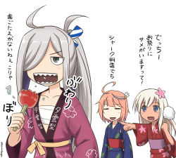 Rule 34 | 10s, 3girls, :d, = =, ahoge, alternate costume, antenna hair, asashimo (kancolle), bad id, bad pixiv id, blue eyes, budget sarashi, candy apple, collarbone, commentary request, cotton candy, eating, food, grey eyes, hair ornament, hair over one eye, happi, holding, i-58 (kancolle), japanese clothes, kantai collection, kimono, long hair, multiple girls, open mouth, orange hair, pointing, ponytail, ro-500 (kancolle), sarashi, sharp teeth, silver hair, smile, spaghe (kyoumospaghe), tan, teeth, translation request, yukata