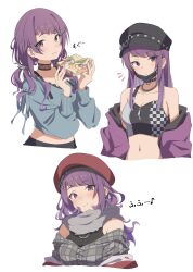 Rule 34 | 1girl, absurdres, bare shoulders, beret, black shirt, blue shirt, blush, breasts, chain necklace, choker, cleavage, closed mouth, collarbone, crop top, ear piercing, eating, eitopondo, food, grey jacket, hair ornament, hairclip, hat, highres, holding, holding food, idolmaster, idolmaster shiny colors, jacket, jewelry, long hair, low twintails, mask, midriff, mouth mask, multiple views, navel, necklace, notice lines, off shoulder, piercing, purple eyes, purple hair, purple jacket, red headwear, scarf, shirt, sidelocks, simple background, small breasts, surgical mask, tanaka mamimi, twintails, white background