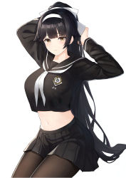 Rule 34 | 1girl, abab xiaxia, absurdres, arms behind head, arms up, azur lane, black hair, black pantyhose, black sailor collar, black serafuku, black shirt, black skirt, blunt bangs, blush, bow, breasts, brown eyes, closed mouth, commentary request, cowboy shot, crop top, crop top overhang, eyebrows hidden by hair, hair bow, hair flaps, hairband, highres, large breasts, long hair, looking at viewer, midriff, miniskirt, navel, pantyhose, pleated skirt, ponytail, ribbon, sailor collar, school uniform, serafuku, shirt, sidelocks, simple background, sitting, skirt, solo, takao (school romanza) (azur lane), takao (azur lane), very long hair, white background, white bow, white hairband, white neckwear, white ribbon