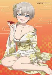 Rule 34 | :d, absurdres, barefoot, blue eyes, blush, breasts, cleavage, collarbone, commentary, cup, drink, english commentary, fang, feet, flower, full body, gradient background, grey hair, hair between eyes, hair flower, hair ornament, hand on ground, highres, holding, holding drink, ishii madoka, japanese clothes, kimono, large breasts, legs, megami magazine, obi, off shoulder, official art, on ground, open mouth, orange background, sakazuki, sash, short hair, single bare shoulder, sitting, smile, third-party source, toenails, toes, translated, two-tone kimono, uzaki-chan wa asobitai!, uzaki hana, white kimono, yellow flower, yellow kimono, yellow sash, yokozuwari