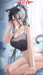 Rule 34 | 1girl, absurdres, alternate costume, animal ears, bare arms, bare legs, bare shoulders, bedroom, bell, black hair, black shirt, black shorts, blue archive, breasts, camisole, cat ears, cat tail, cleavage, crop top, extra ears, grey choker, hair between eyes, halo, hand up, hasumi (blue archive), highres, indoors, jingle bell, kemonomimi mode, large breasts, long hair, looking at viewer, mella (mell a12), micro shorts, midriff, mole, mole under eye, navel, on bed, parted lips, ponytail, red eyes, seiza, shirt, shorts, sitting, sleeveless, sleeveless shirt, solo, spaghetti strap, stomach, sweat, tail, thighs, very long hair