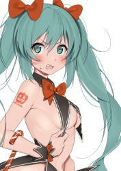 Rule 34 | 1girl, arm tattoo, bare shoulders, blue eyes, blue hair, blush, bow, bowtie, breasts, candy, candy cane, food, furuyama itaru, halloween, hatsune miku, jack-o&#039;-lantern print, long hair, looking at viewer, simple background, skirt, smile, solo, tattoo, twintails, very long hair, vocaloid, white background