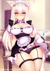 Rule 34 | 1girl, animal ear fluff, animal ears, apron, arm support, artist name, bell, black panties, blonde hair, blue eyes, blush, bow, bow panties, bowtie, breasts, cat ears, cat tail, character name, cleavage, clothes lift, coconut (nekopara), commentary, dress, english commentary, fishnet thighhighs, fishnets, foxykuro, frills, garter straps, hair bow, heterochromia, indoors, jingle bell, large breasts, lifting own clothes, long hair, looking at viewer, maid, maid apron, maid headdress, name tag, nekopara, panties, patreon username, platinum blonde hair, puffy short sleeves, puffy sleeves, purple bow, short sleeves, signature, skindentation, skirt, skirt lift, slit pupils, smile, solo, sparkle, split mouth, striped, table, tail, thick thighs, thighhighs, thighs, underwear, vertical stripes, watermark, web address, yellow eyes