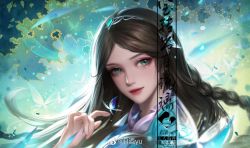 Rule 34 | 1girl, braid, brown hair, bug, butterfly, douluo dalu, green eyes, hair ornament, hand up, highres, insect, long hair, ning rongrong (douluo dalu), r jiu yu, smile, solo, upper body, weibo logo