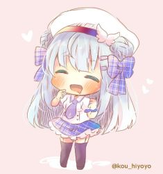 Rule 34 | 1girl, :d, ^ ^, anchor symbol, azur lane, beret, black footwear, black thighhighs, blue bow, blue skirt, blush, bow, breasts, chibi, closed eyes, cygnet (azur lane), double bun, drooling, finger to mouth, full body, garter straps, hair bow, hair bun, hair ornament, hairclip, hat, heart, kou hiyoyo, long hair, looking at viewer, medium breasts, mouth drool, necktie, open mouth, pink background, plaid, plaid bow, plaid skirt, puffy short sleeves, puffy sleeves, purple necktie, shirt, short sleeves, side bun, silver hair, simple background, skirt, smile, solo, standing, thighhighs, twitter username, very long hair, white hat, white shirt