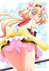 Rule 34 | 1girl, :o, ass, black hairband, black sleeves, blonde hair, cameltoe, commentary request, detached sleeves, flower, frilled hairband, frills, gradient hair, hair flower, hair ornament, hair tie, hairband, hanzou, highres, holding, holding staff, leaning forward, long hair, looking at viewer, looking back, low ponytail, miniskirt, multicolored hair, original, partial commentary, pink flower, pink hair, pink skirt, see-through, see-through skirt, shirt, skirt, sleeveless, sleeveless shirt, solo, staff, standing, thigh gap, white shirt