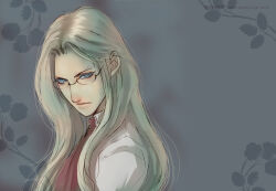 Rule 34 | 1girl, ascot, blonde hair, blue eyes, forehead, from side, glasses, grey background, hellsing, integra hellsing, long hair, looking at viewer, portrait, red ascot, serious, solo, toshimichi yukari