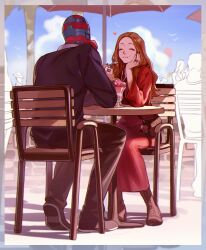 Rule 34 | 1boy, 1girl, android, animification, boots, brown footwear, brown hair, chair, closed eyes, collared shirt, couple, dress, eating, heart, highres, holding, holding spoon, jewelry, long sleeves, marvel, marvel cinematic universe, multiple rings, parfait, qin (7833198), red dress, ring, shirt, sitting, spoon, strawberry parfait, table, umbrella, vision (marvel), wanda maximoff, wandavision, white shirt