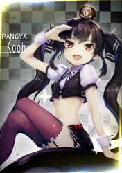 Rule 34 | 1girl, :d, arm up, black hair, blush, bomb, breasts, brown eyes, checkered background, cropped shirt, cropped vest, crossed legs, explosive, fang, garter straps, kooh, long hair, looking at viewer, md5 mismatch, midriff, miniskirt, minutachi, open mouth, pangya, puffy short sleeves, puffy sleeves, purple thighhighs, resolution mismatch, short sleeves, sitting, skirt, small breasts, smile, solo, source smaller, thighhighs, twintails, very long hair, vest, wrist cuffs, zettai ryouiki