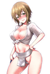 Rule 34 | 1girl, blush, breasts, brown hair, cameltoe, cleavage, contrapposto, covered erect nipples, cowboy shot, fundoshi, gluteal fold, green eyes, groin, hand on own hip, holding, idolmaster, idolmaster cinderella girls, japanese clothes, kimura natsuki, large breasts, legs apart, looking at viewer, navel, nose blush, open mouth, pelvic curtain, see-through, shirt, short hair, short sleeves, sidelocks, standing, stomach, sweat, tango (tn500), tied shirt, toned, wavy mouth, wet, wet clothes, wet shirt, white shirt