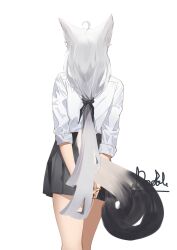 Rule 34 | 1girl, ahoge, animal ear fluff, animal ears, arms behind back, black bow, black skirt, bow, commentary request, doodol, fox ears, fox girl, fox tail, from behind, hair bow, highres, hololive, long hair, shirakami fubuki, shirt, signature, simple background, skirt, solo, tail, virtual youtuber, white background, white hair, white shirt