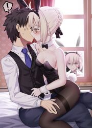 1boy 2girls artoria_pendragon_(all) artoria_pendragon_(fate) fate/grand_order fate/stay_night fate_(series) fujimaru_ritsuka_(male) highres kiss longdq3008 multiple_girls mysterious_heroine_x_alter_(fate) mysterious_idol_x_alter_(fate) pantyhose saber_alter