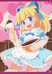 Rule 34 | 1girl, :d, absurdres, alternate costume, apron, artbook, batter, blonde hair, blue bow, blue bowtie, blue dress, blue eyes, blue ribbon, blunt bangs, blush, bow, bowtie, chocolate, dress, eyelashes, feet out of frame, frilled apron, frilled dress, frills, hair ribbon, hand up, heart, highres, holding, inou shin, joints, long hair, looking at viewer, mega man (series), mixing bowl, non-web source, open mouth, page number, pink background, ponytail, puffy short sleeves, puffy sleeves, ribbon, robot joints, roll (mega man), scan, shadow, short sleeves, sidelocks, smile, solo, spatula