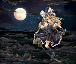 Rule 34 | 1girl, blonde hair, boots, braid, broom, broom surfing, cloud, female focus, fingerless gloves, gloves, hat, kirisame marisa, mizuno (miznon35), moon, outdoors, sky, solo, touhou, witch, witch hat, yellow eyes