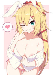 Rule 34 | 1girl, ;q, akai haato, animal ears, bare shoulders, blonde hair, blush, breasts, chinese commentary, closed mouth, collarbone, commentary request, covered erect nipples, cowboy shot, fake animal ears, fingernails, gluteal fold, green eyes, hair ornament, hair ribbon, hair scrunchie, hairband, heart, heart hair ornament, highres, hololive, long hair, long sleeves, looking at viewer, medium breasts, nail polish, navel, neps-l, off shoulder, one eye closed, panties, pink background, pink hairband, pink nails, pink panties, ponytail, rabbit ears, red ribbon, red scrunchie, ribbon, scrunchie, shirt, side-tie panties, signature, smile, solo, spoken heart, tongue, tongue out, two-tone background, underwear, very long hair, virtual youtuber, white background, white shirt