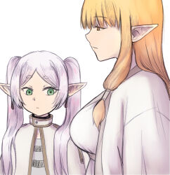 Rule 34 | 2girls, breast envy, breasts, capelet, commentary request, drop earrings, earrings, frieren, green eyes, hair tubes, jewelry, long hair, looking at another, lulala615, medium breasts, multiple girls, orange hair, parted bangs, pointy ears, serie (sousou no frieren), shirt, simple background, sousou no frieren, striped clothes, striped shirt, twintails, white background, white capelet