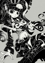Rule 34 | 1girl, :/, absurdres, boots, capelet, drill hair, floating, highres, holding, holding umbrella, long hair, looking at viewer, miniskirt, monochrome, one piece, perona, print shirt, shirt, skirt, smile, solo, striped clothes, striped thighhighs, thighhighs, twintails, umbrella, vakodraws, very long hair, white background, white shirt, wide hips