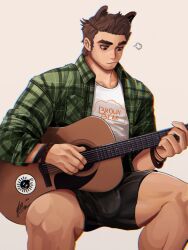 Rule 34 | 1boy, animal ears, bara, beard stubble, black shorts, brown hair, bulge, chris (moo fino), collared shirt, dog ears, facial hair, feet out of frame, forked eyebrows, guitar, highres, holding, holding guitar, holding instrument, instrument, invisible chair, kemonomimi mode, long sideburns, male focus, scott pilgrim (series), scott pilgrim takes off, shirt, short hair, short shorts, shorts, sideburns, sigh, sitting, solo, sparse stubble, stephen stills, stubble, thick eyebrows, thighs, toned, toned male