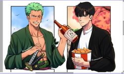 Rule 34 | 2boys, bottle, bucket of chicken, cherry blossoms, chicken (food), crossover, day, food, fried chicken, grin, holding, holding sword, holding weapon, japanese clothes, katana, kfc, kimono, male focus, multiple boys, multiple drawing challenge, obi, one piece, open clothes, open kimono, outside border, pectoral cleavage, pectorals, roronoa zoro, sake bottle, sash, scar, scar on chest, sheath, six fanarts challenge, smile, solo leveling, sophroniahaven, sword, weapon