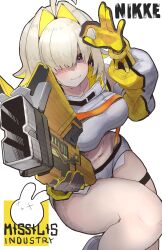 Rule 34 | 1girl, absurdres, ahoge, blonde hair, blush, boomstick (nikke), breasts, collarbone, copyright name, detached sleeves, dezi, elegg (nikke), exposed pocket, feet out of frame, goddess of victory: nikke, gun, hair intakes, hair over one eye, highres, holding, holding gun, holding weapon, knee up, long sleeves, looking at viewer, micro shorts, midriff, navel, ok sign, parted bangs, purple eyes, short hair, shorts, simple background, solo, suspenders, thigh strap, thighs, two-tone gloves, weapon, white background