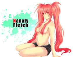 Rule 34 | 1girl, breasts, character name, convenient censoring, hair over breasts, lips, long hair, nanaly fletch, red eyes, red hair, short shorts, shorts, sitting, solo, tales of (series), tales of destiny 2, topless, twintails, very long hair