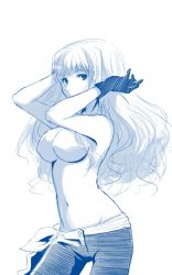 Rule 34 | 1girl, breasts, gloves, large breasts, long hair, looking at viewer, macross, macross frontier, nipples, pants, quro, quro (black river), sheryl nome, simple background, solo, topless, white background