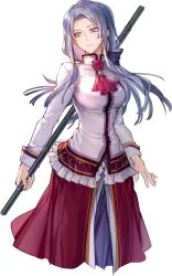 Rule 34 | 1girl, achan (blue semi), ascot, blue eyes, bow, character request, closed mouth, cropped legs, eiyuu densetsu, floating hair, grey hair, hair bow, hair intakes, highres, holding, holding polearm, holding weapon, jacket, long hair, long skirt, long sleeves, polearm, purple bow, red ascot, red skirt, skirt, smile, solo, standing, transparent background, weapon, white jacket