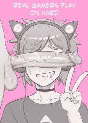 Rule 34 | 2boys, animal ears, blush, cat ears, collar, dross, english text, erection, headphones, highres, imminent fellatio, imminent penetration, multiple boys, nervous smile, original, penis, penis on face, penis over eyes, pink background, precum, simple background, smile, tagme, trap, triforce, uncensored, v, yaoi