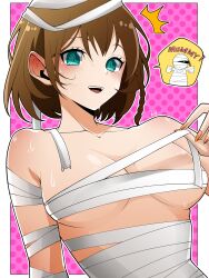 Rule 34 | 1girl, @ @, absurdres, bandages, blue eyes, braid, breasts, brown hair, charlotte corday (fate), fate/grand order, fate (series), halloween, highres, large breasts, mummy costume, orange nails, pink background, polka dot, polka dot background, side braid, sweat, wagu neru