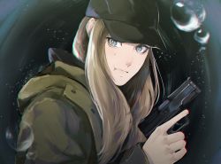 Rule 34 | 1girl, artist request, blonde hair, blue eyes, chromatic aberration, gun, hat, highres, jacket, long hair, looking at viewer, resident evil, resident evil village, rosemary winters, simple background, smile, upper body, water, weapon