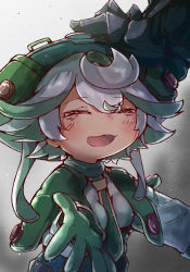 Rule 34 | 1boy, 1girl, :3, :d, ahoge, bondrewd, closed eyes, gloves, green hair, hat, headpat, highres, made in abyss, megateru, multicolored hair, open mouth, outstretched arms, prushka, short hair, simple background, smile, two-tone hair, white hair