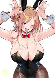 1girl ;d absurdres animal_ear_hairband animal_ears armpits arms_up black_leotard blue_eyes blush bow bowtie breasts brown_hair brown_pantyhose cleavage collarbone covered_navel detached_collar fake_animal_ears gakuen_idolmaster hairband highres himesaki_rinami idolmaster large_breasts leotard looking_at_viewer mappaninatta one_eye_closed open_mouth pantyhose playboy_bunny rabbit_ear_hairband rabbit_ears red_bow red_bowtie smile solo strapless strapless_leotard wrist_cuffs