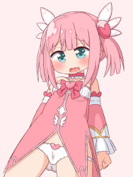 Rule 34 | 1girl, blue eyes, blush, bow, breasts, chiyoda momo, choker, commentary request, detached sleeves, dress, hair ornament, hana kazari, highres, long sleeves, machikado mazoku, no pants, open mouth, panties, pink background, pink dress, pink hair, pink sleeves, red bow, red choker, simple background, sleeves past wrists, small breasts, solo, strapless, strapless dress, twintails, underwear, wavy mouth, white panties, wide sleeves