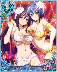 Rule 34 | 2girls, bare shoulders, black hair, blue hair, blush, breasts, card (medium), character name, chess piece, closed mouth, crop top, feather hair ornament, feathers, fingerless gloves, gloves, green hair, feather hair ornament, hair ornament, high school dxd, high school dxd new, himejima akeno, large breasts, long hair, micro shorts, midriff, multicolored hair, multiple girls, navel, official art, open mouth, ponytail, purple eyes, queen (chess), short hair, shorts, smile, streaked hair, torn clothes, trading card, two-tone hair, very long hair, xenovia quarta, yellow eyes