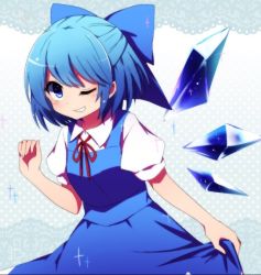 Rule 34 | 1girl, ;), bad id, bad twitter id, blue bow, blue eyes, blue hair, blue skirt, blue vest, blush, bow, cirno, clothes lift, collared shirt, grin, hair bow, ice, ice wings, lifted by self, looking at viewer, matching hair/eyes, neck ribbon, one-hour drawing challenge, one eye closed, puffy short sleeves, puffy sleeves, red ribbon, ribbon, shirt, short hair, short sleeves, skirt, skirt lift, skirt set, smile, solo, sparkle, touhou, vest, white shirt, wing collar, wings, you (noanoamoemoe)