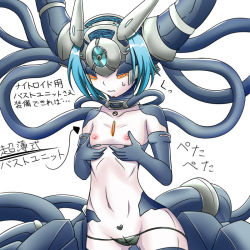 Rule 34 | 1girl, android, blue hair, breast envy, collarbone, female focus, flat chest, heart, laplace (mon-musu quest!), machine, moai ex, mon-musu quest!, navel, nipples, panties, short hair, simple background, solo, text focus, topless, translation request, underwear, white background