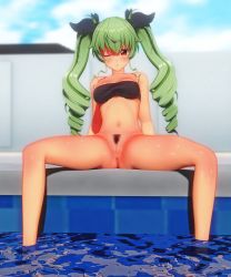 Rule 34 | 1girl, 3d, anchovy (girls und panzer), bikini, black bikini, blush, bottomless, breasts, drill hair, female focus, girls und panzer, green hair, hair ornament, hair ribbon, medium breasts, navel, pool, pussy, red eyes, ribbon, solo, spread legs, swimsuit, twintails