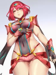 Rule 34 | 1girl, absurdres, blush, breasts, covered navel, cowboy shot, fingerless gloves, from below, gloves, hair ornament, highres, hip focus, jewelry, kumiko shiba, large breasts, looking down, nintendo, pyra (xenoblade), red eyes, red hair, revealing clothes, shiny skin, short hair, short shorts, shorts, sidelocks, simple background, solo, tiara, xenoblade chronicles (series), xenoblade chronicles 2