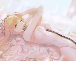 Rule 34 | 1girl, artoria pendragon (all), artoria pendragon (fate), blonde hair, breasts, bride, commentary, costume, english commentary, fate/grand order, fate/stay night, fate (series), flower, green eyes, holding, long hair, looking at viewer, lying, medium breasts, nero claudius (bride) (fate), nero claudius (fate), nero claudius (fate) (all), one eye closed, saber (fate), simple background, sul ( 20sub), upper body, zipper