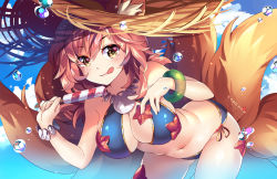 Rule 34 | 1girl, :q, animal ears, artist name, bare shoulders, bent over, bikini, blue bikini, blue sky, blush, breasts, brown eyes, bubble, cleavage, closed mouth, cloud, commentary request, day, ears through headwear, fate/grand order, fate (series), fingernails, food, fox ears, fox girl, fox tail, hair between eyes, hands up, hat, holding, holding food, ice cream, large breasts, leaning forward, long hair, looking at viewer, multiple tails, navel, outdoors, pink hair, side-tie bikini bottom, sky, smile, solo, squchan, starfish, straw hat, swimsuit, tail, tail raised, tamamo (fate), tamamo no mae (fate/extra), tamamo no mae (swimsuit lancer) (fate), tongue, tongue out, watermark, web address