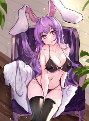Rule 34 | 1girl, animal ears, arm between legs, bikini, black bikini, black thighhighs, chair, commentary request, diving penguin, highres, long hair, looking at viewer, navel, open mouth, pink eyes, purple hair, rabbit ears, rabbit girl, reisen udongein inaba, sitting, solo, swimsuit, thighhighs, touhou