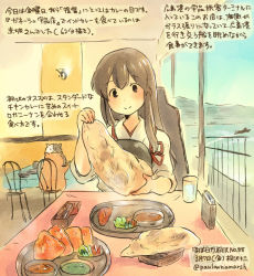 Rule 34 | 10s, 1girl, akagi (kancolle), animal, brown eyes, brown hair, commentary request, dated, day, food, hamster, holding, holding food, japanese clothes, kantai collection, kirisawa juuzou, long hair, muneate, nontraditional miko, numbered, ocean, sitting, smile, tasuki, traditional media, translation request, twitter username