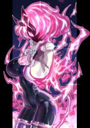 Rule 34 | 1girl, absurdres, black bodysuit, bodysuit, breasts, cropped jacket, duel monster, electricity, enmo takeshita, gloves, highres, jacket, large breasts, lightning hair, long sleeves, pink eyes, pink hair, short hair, solo, spright carrot, spright red, v, white gloves, yu-gi-oh!