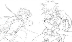 Rule 34 | 00s, age difference, father and son, kratos aurion, lloyd irving, monochrome, short hair, sio vanilla, sketch, sword, tales of (series), tales of symphonia, weapon