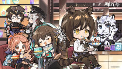 Rule 34 | 2boys, 3girls, animal ears, arknights, bird boy, bird girl, blue eyes, chewing, chibi, chinese commentary, claws, closed eyes, closed mouth, commentary request, copyright name, cross scar, cup, dragon girl, dragon horns, drink, eating, facial scar, feathers, furry, furry male, glass, highres, holding, holding cup, holding drink, holding plate, holding spoon, horns, ice, ice cube, jesselton williams (arknights), kafka (arknights), kumomero, looking at viewer, mountain (arknights), multiple boys, multiple girls, official art, open mouth, pinecone (arknights), plate, raccoon ears, raccoon girl, raccoon tail, robin (arknights), saria (arknights), saria (the law) (arknights), scar, scar across eye, scar on cheek, scar on face, scar on nose, sitting, smile, sparkle, spoon, standing, tail, tiger boy, tiger ears, tiger stripes