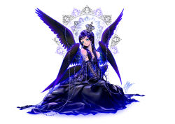 Rule 34 | &gt;:), 1girl, aqua eyes, bare shoulders, black dress, black hair, black wings, blue eyes, blue hair, circle, crown, dress, elbow gloves, feathered wings, fishnet gloves, fishnets, gem, gloves, hair ornament, head tilt, long hair, looking at viewer, marco albiero, matching hair/eyes, multiple wings, original, pearl (gemstone), signature, sitting, solo, v-shaped eyebrows, v arms, white background, wings