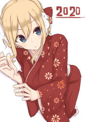 Rule 34 | 1girl, 2020, :o, absurdres, animal, animal on head, blonde hair, blue eyes, bow, breasts, collarbone, foreshortening, hair between eyes, hair bow, highres, japanese clothes, kimono, kinpatsu-chan (rucchiifu), large breasts, looking at viewer, lying, mouse (animal), new year, on head, on side, original, red kimono, rucchiifu, sash, shadow, short hair, socks, solo, white background, white sash, wide sleeves