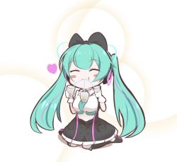 Rule 34 | 1girl, aqua eyes, aqua hair, aqua necktie, black bow, black legwear, black skirt, blush stickers, bow, bubble tea challenge, closed eyes, commentary, cup, drinking, drinking straw, framed breasts, full body, gloves, hair bow, hatsune miku, heart, holding, holding cup, large bow, long hair, magical mirai (vocaloid), magical mirai miku, magical mirai miku (2016), misho39, necktie, sitting, skirt, smile, solo, twintails, very long hair, vocaloid, wariza, white gloves