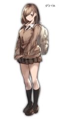 Rule 34 | 10s, 1girl, backpack, bad id, bad twitter id, bag, black socks, brown eyes, brown footwear, cardigan, collared shirt, copyright name, full body, granblue fantasy, kneehighs, light smile, loafers, looking at viewer, miniskirt, own hands together, shirt, shoes, simple background, skirt, socks, sola (solo0730), solo, standing, swept bangs, white background, white shirt